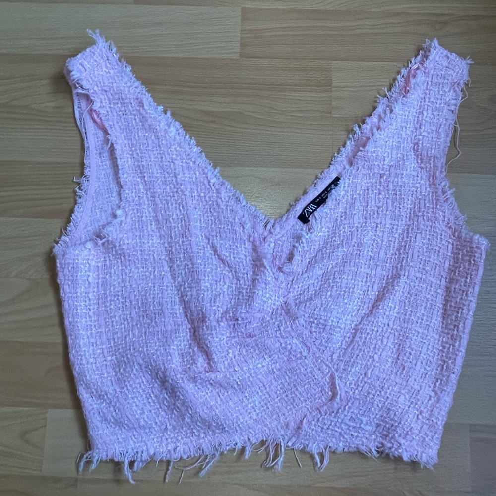 Zara Deep-V Crochet Pink Top